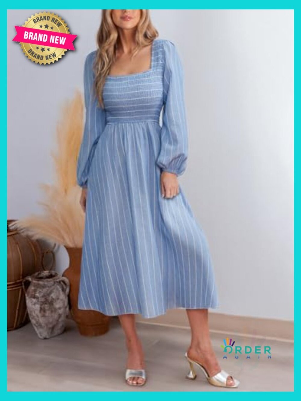 Long Sleeve Square Neck Striped Smocked Midi Dress Flowy A Line Ruffled Fall - Picture 4 of 5